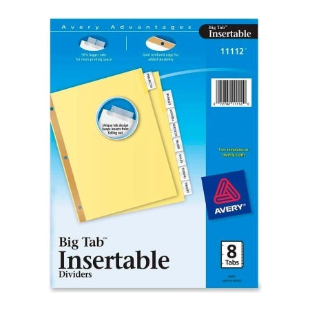 Avery Dennison Avery WorkSaver Big Tab Insertable Divider, Blank, 8.5"x11", 8 Tabs, Clear 11112